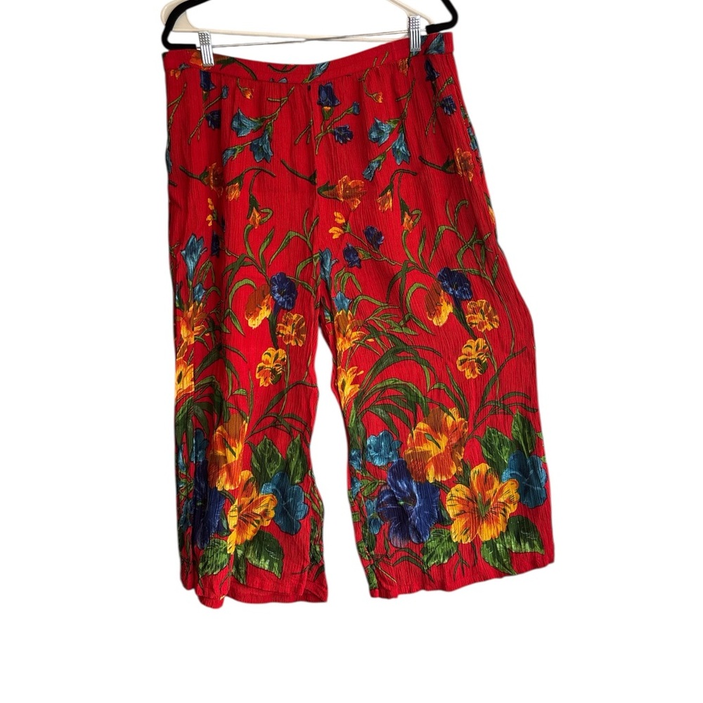 Bedford Fair Red Floral Cropped Pants XL Vintage Crinkle Capris - Picture 2 of 7